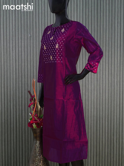Raw silk readymade kurti purple with embroidery floral work butta neck pattern without pant