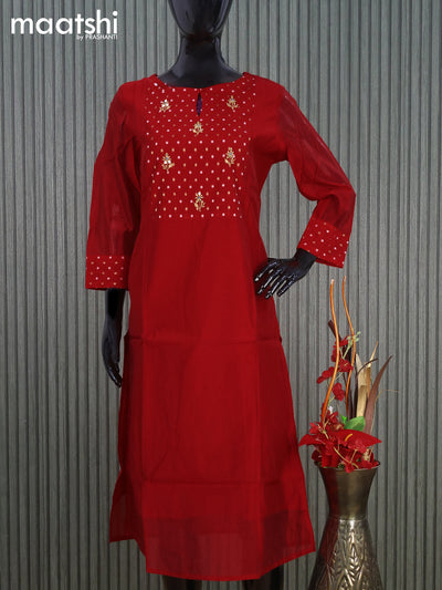 Raw silk readymade kurti red with embroidery floral work butta neck pattern without pant