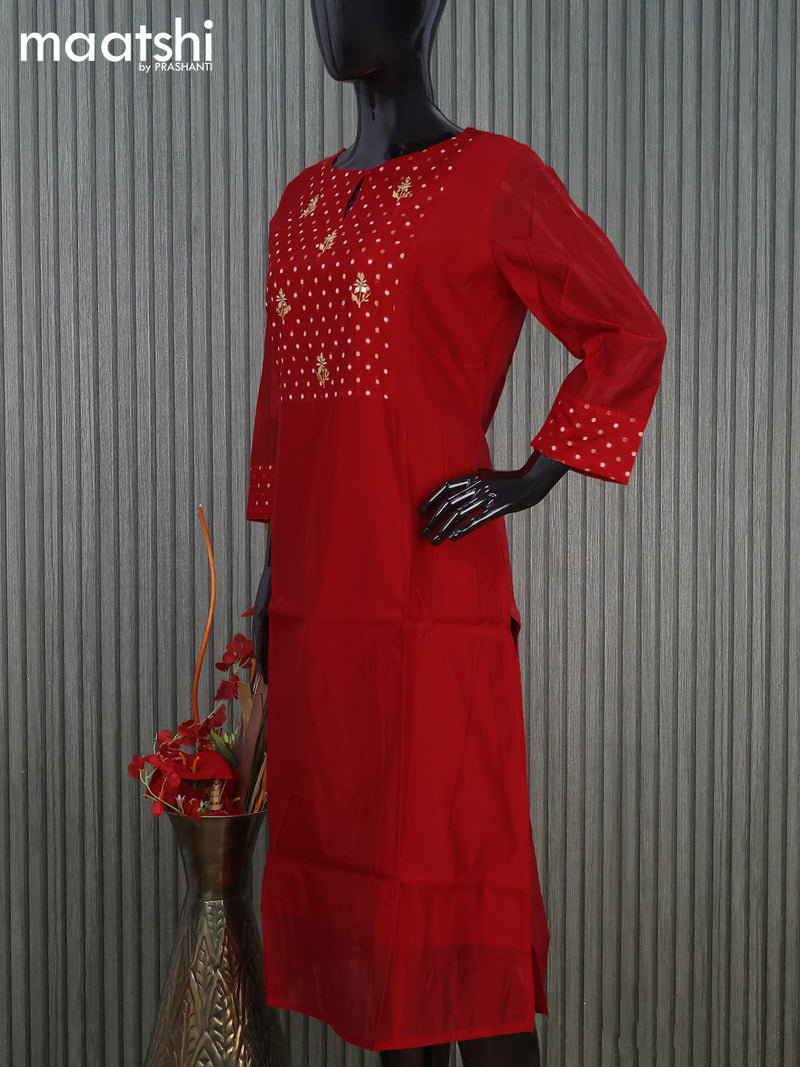 Raw silk readymade kurti red with embroidery floral work butta neck pattern without pant