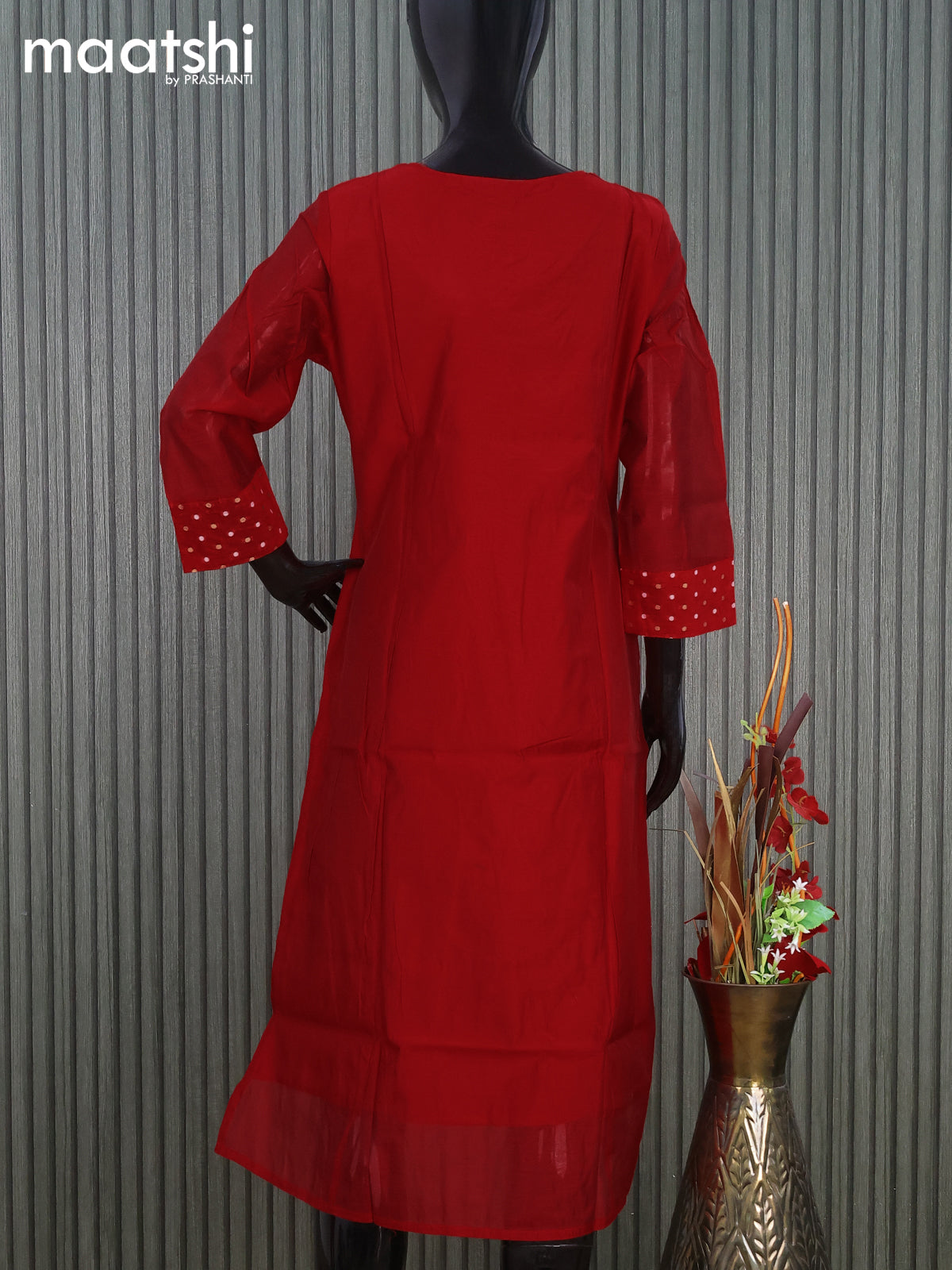 Raw silk readymade kurti red with embroidery floral work butta neck pattern without pant