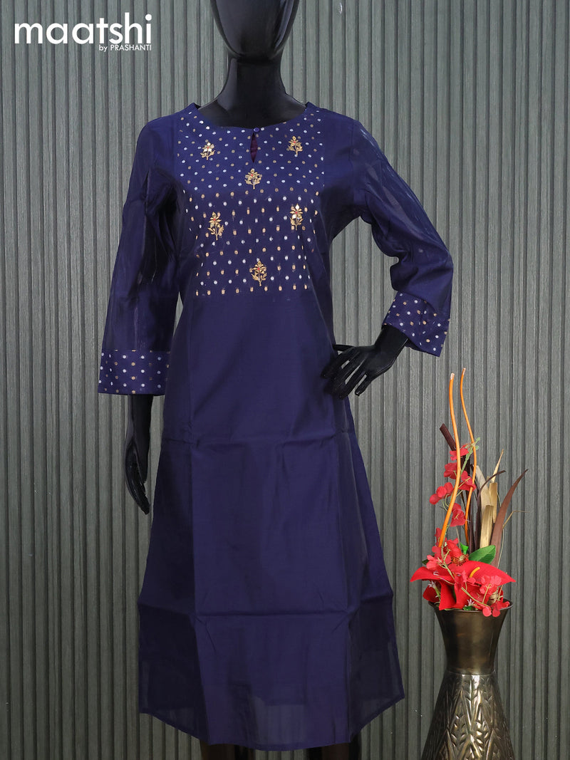 Raw silk readymade kurti navy blue with embroidery floral work butta neck pattern without pant