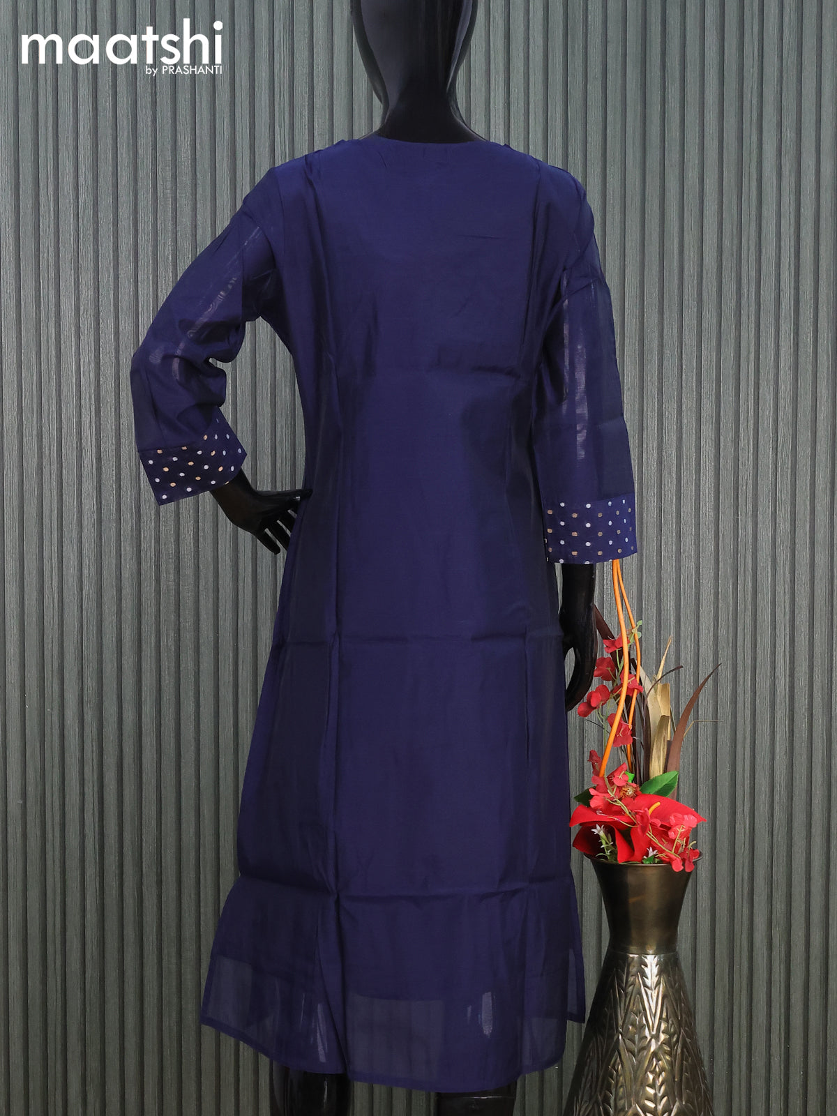 Raw silk readymade kurti navy blue with embroidery floral work butta neck pattern without pant