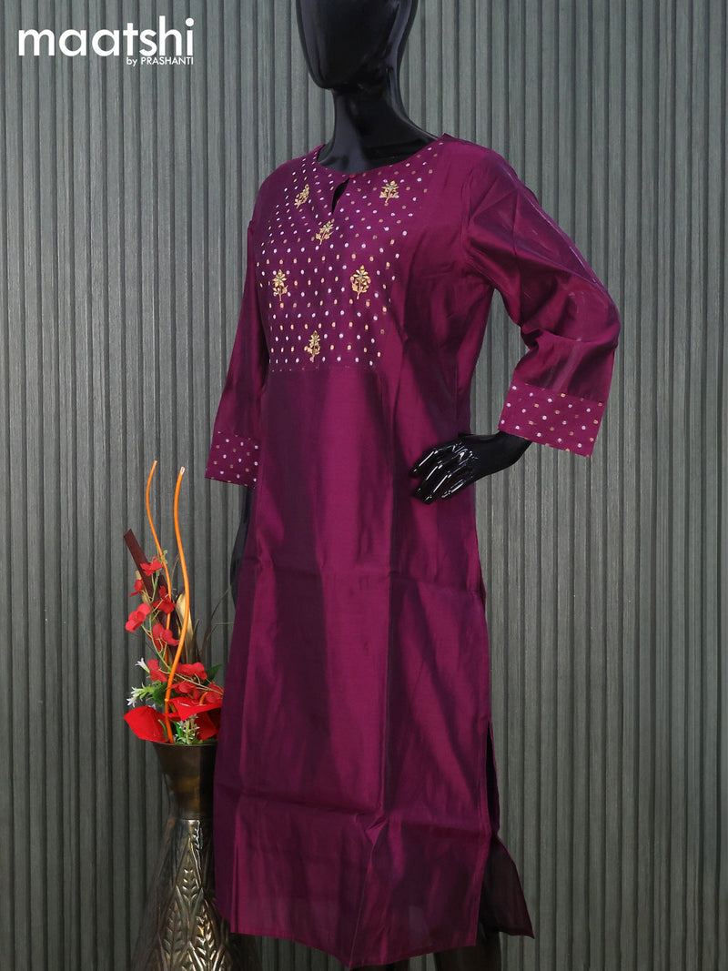 Raw silk readymade kurti magenta pink with embroidery floral work butta neck pattern without pant
