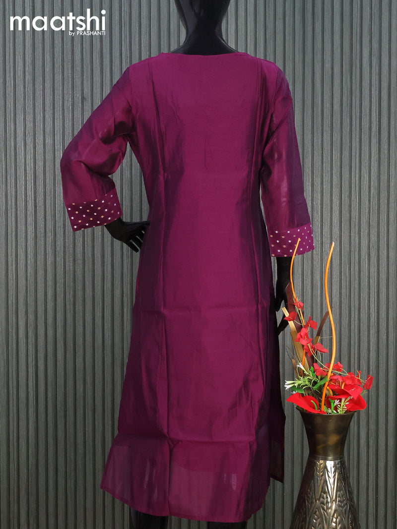 Raw silk readymade kurti magenta pink with embroidery floral work butta neck pattern without pant