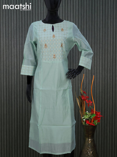 Raw silk readymade kurti pastel green with embroidery floral work butta neck pattern without pant