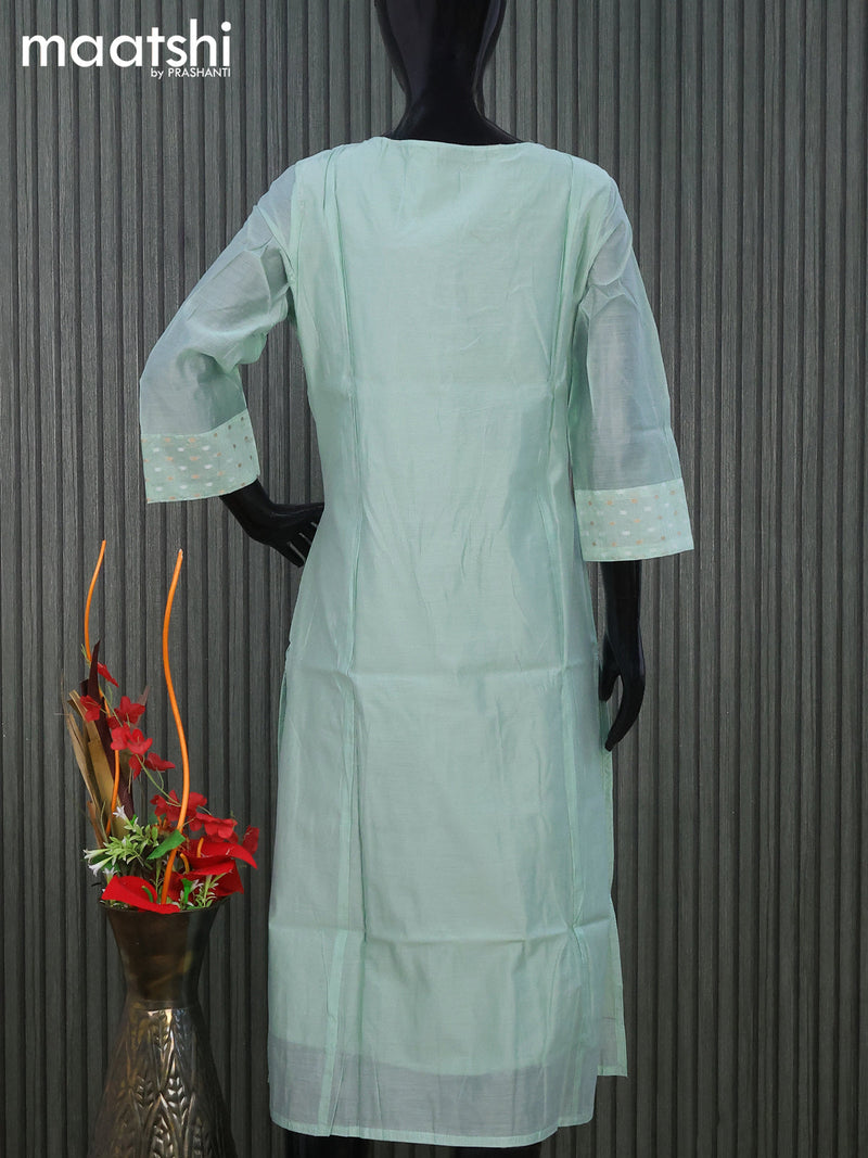 Raw silk readymade kurti pastel green with embroidery floral work butta neck pattern without pant