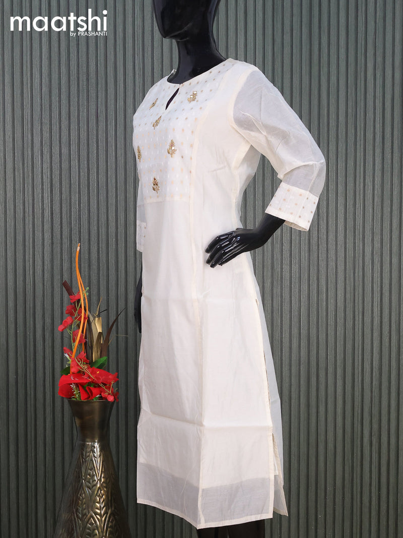 Raw silk readymade kurti off white with embroidery floral work butta neck pattern without pant