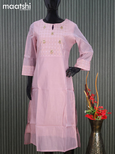 Raw silk readymade kurti mauve pink with embroidery floral work butta neck pattern without pant