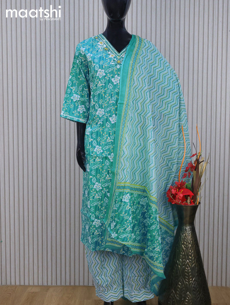 Cotton readymade salwar suit teal blue and off white with allover floral prints & mirror embroidery work v neck pattern and straight cut pant & dupatta
