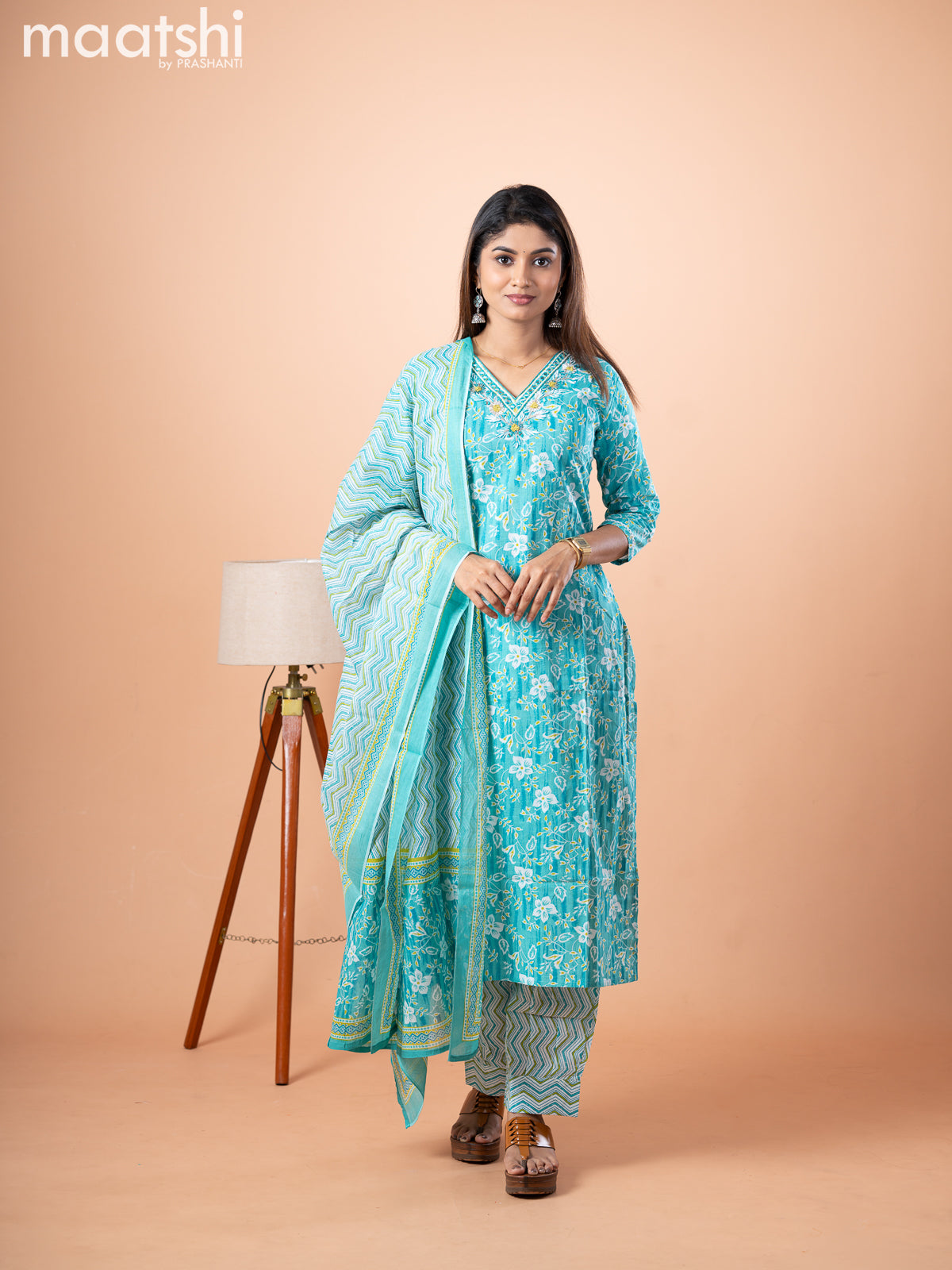 Cotton salwar suit teal blue and off white with allover floral prints & mirror embroidery work v neck pattern and straight cut pant & dupatta