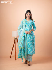 Cotton salwar suit teal blue and off white with allover floral prints & mirror embroidery work v neck pattern and straight cut pant & dupatta