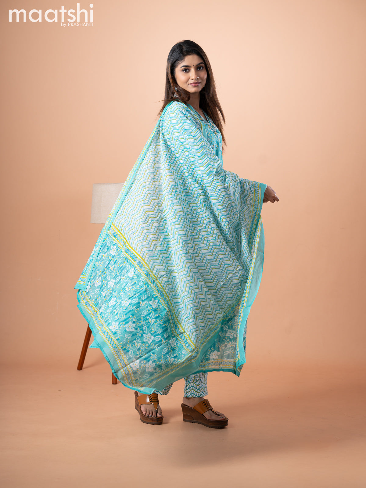 Cotton salwar suit teal blue and off white with allover floral prints & mirror embroidery work v neck pattern and straight cut pant & dupatta