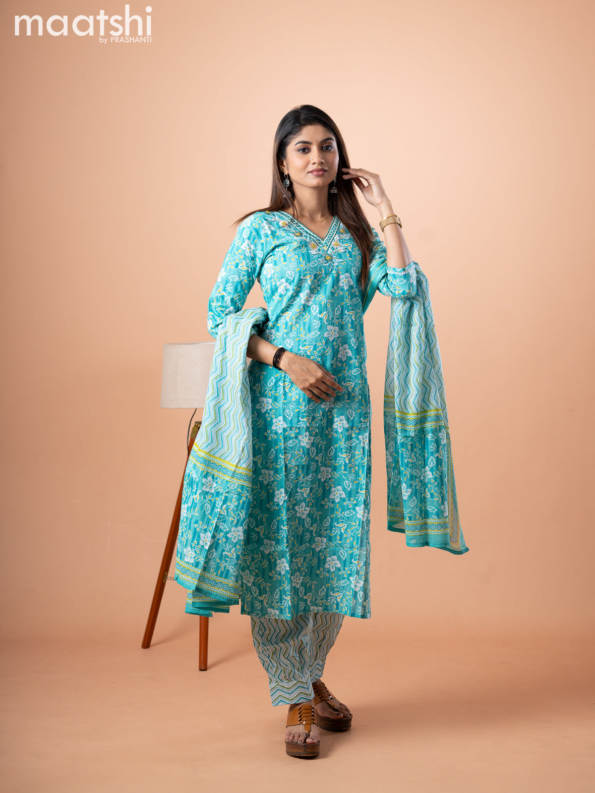 Cotton salwar suit teal blue and off white with allover floral prints & mirror embroidery work v neck pattern and straight cut pant & dupatta