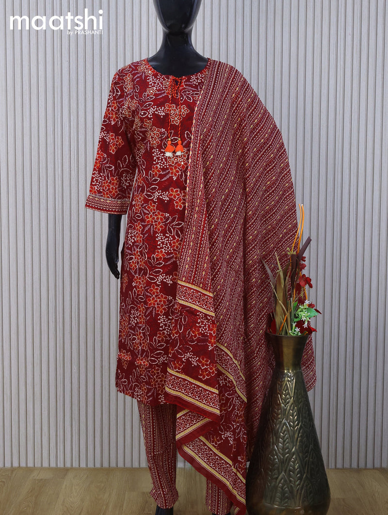 Cotton readymade salwar suit red with allover floral prints & embroidery work neck pattern and straight cut pant & dupatta