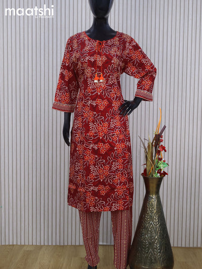 Cotton readymade salwar suit red with allover floral prints & embroidery work neck pattern and straight cut pant & dupatta