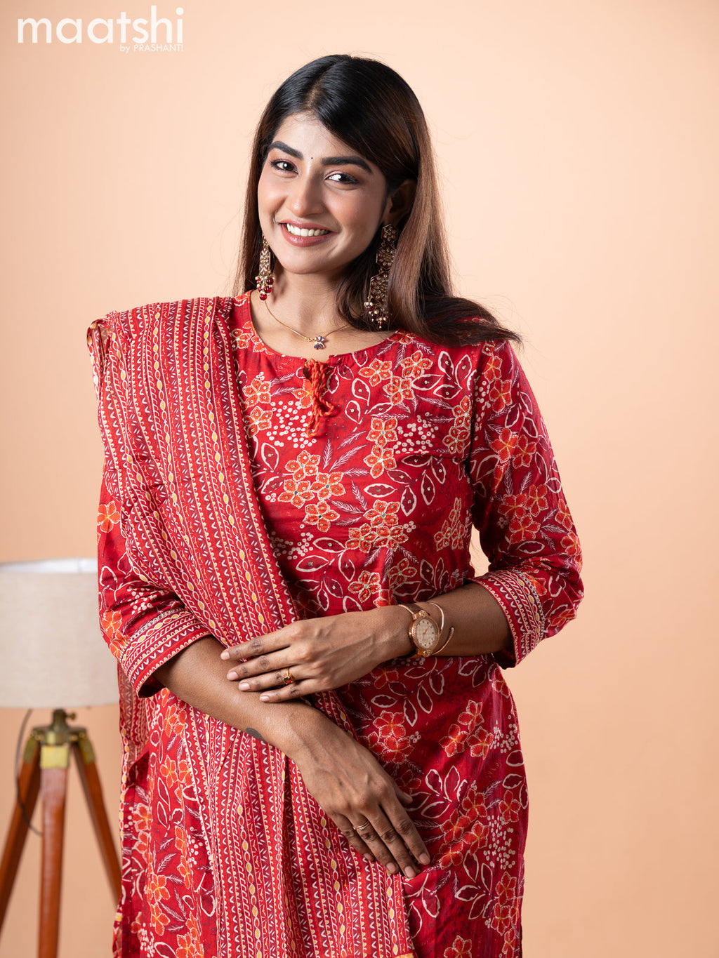 Cotton salwar suit red with allover floral prints & embroidery work neck pattern and straight cut pant & dupatta