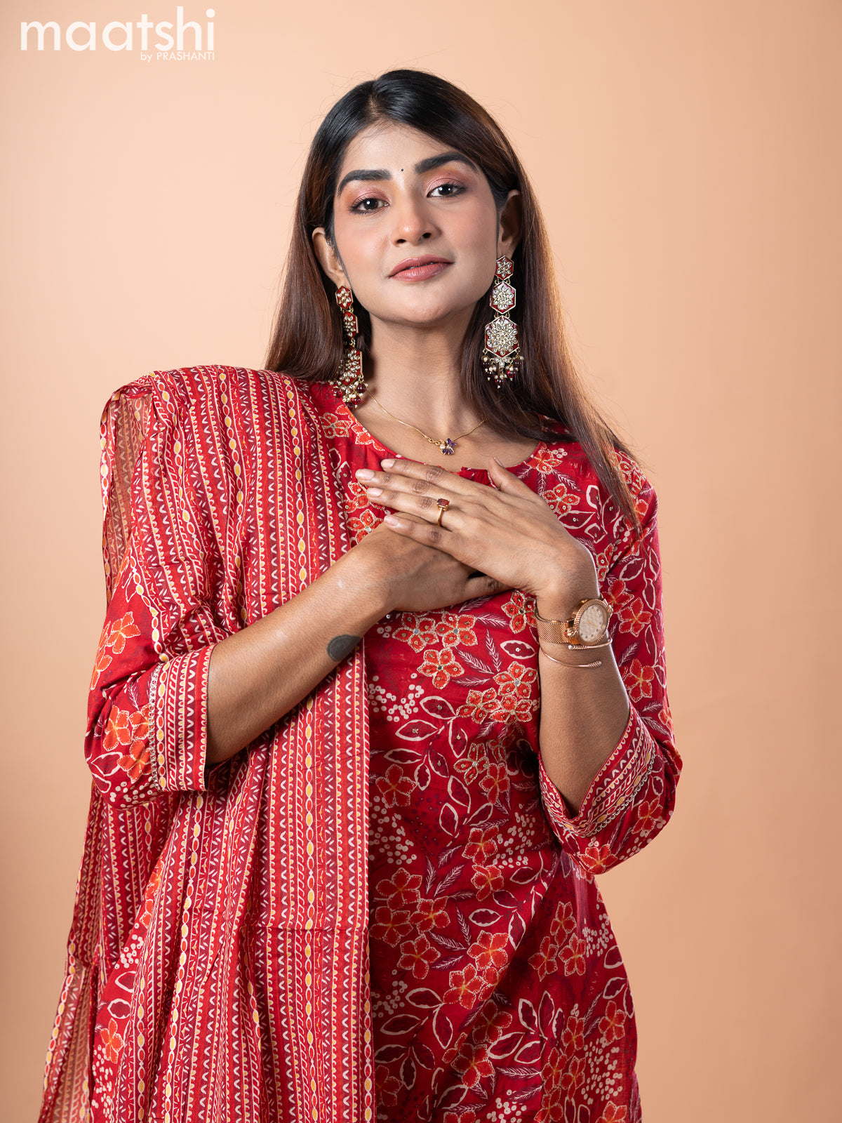 Cotton salwar suit red with allover floral prints & embroidery work neck pattern and straight cut pant & dupatta