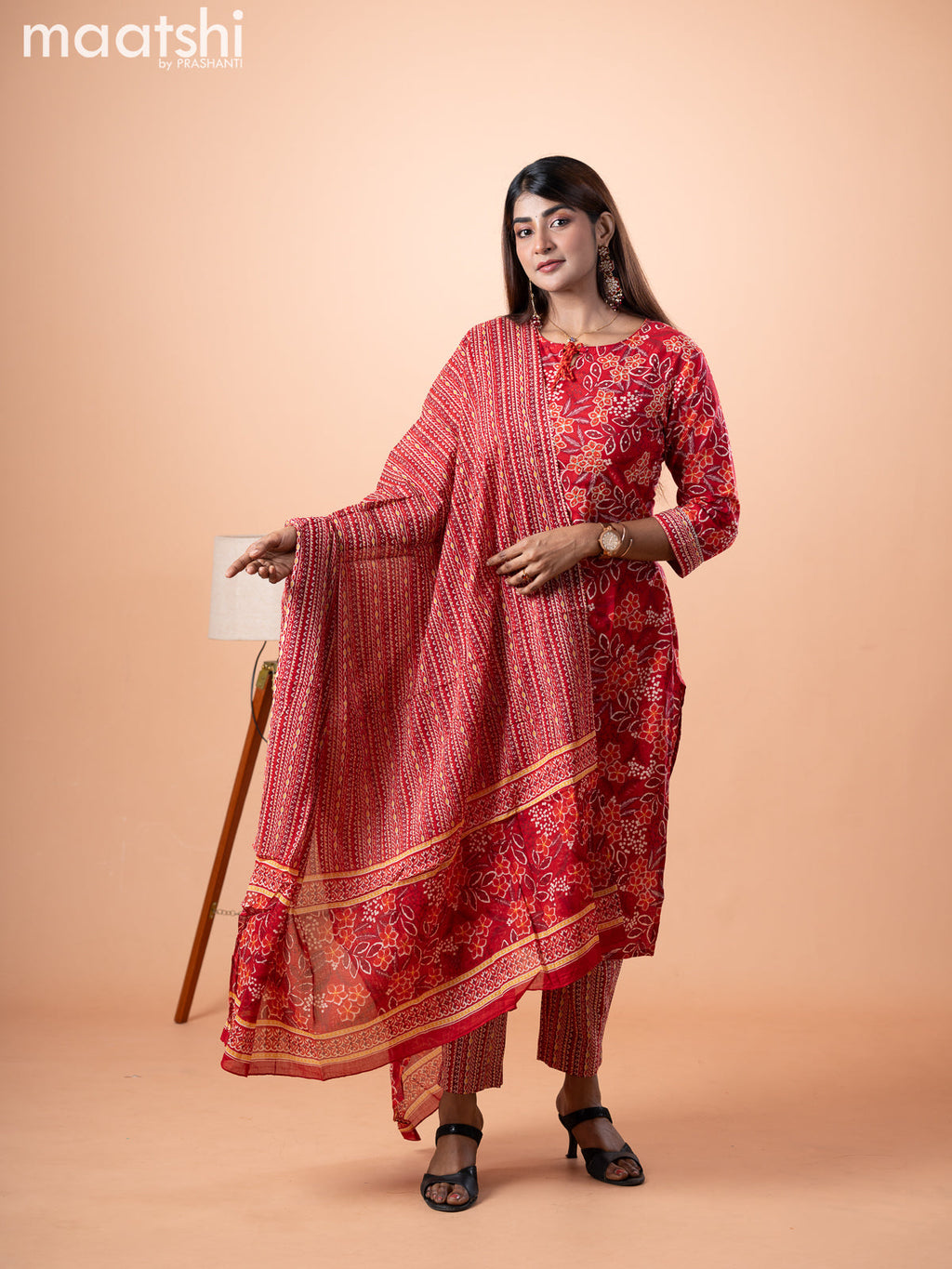 Cotton salwar suit red with allover floral prints & embroidery work neck pattern and straight cut pant & dupatta