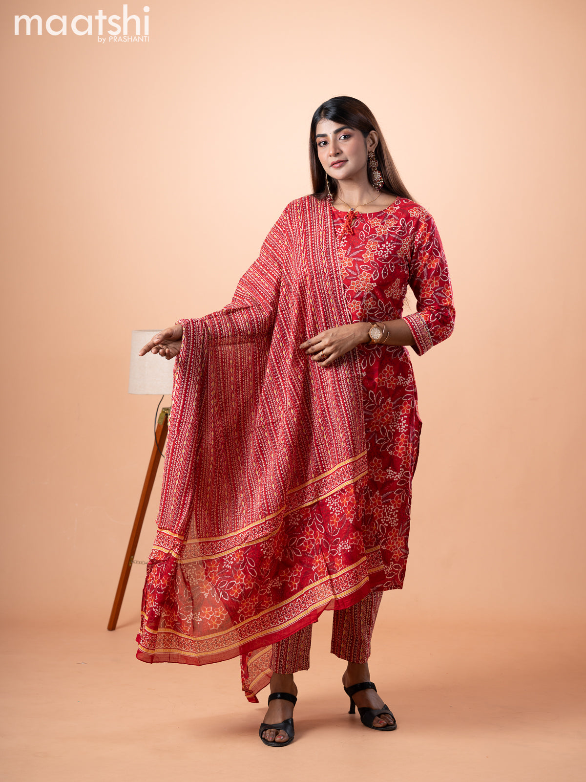 Cotton salwar suit red with allover floral prints & embroidery work neck pattern and straight cut pant & dupatta