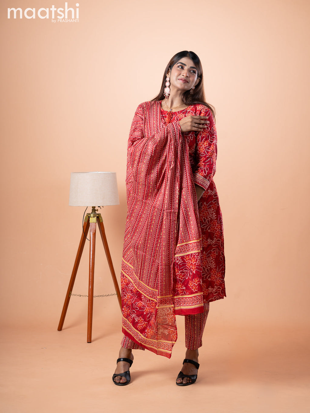 Cotton salwar suit red with allover floral prints & embroidery work neck pattern and straight cut pant & dupatta
