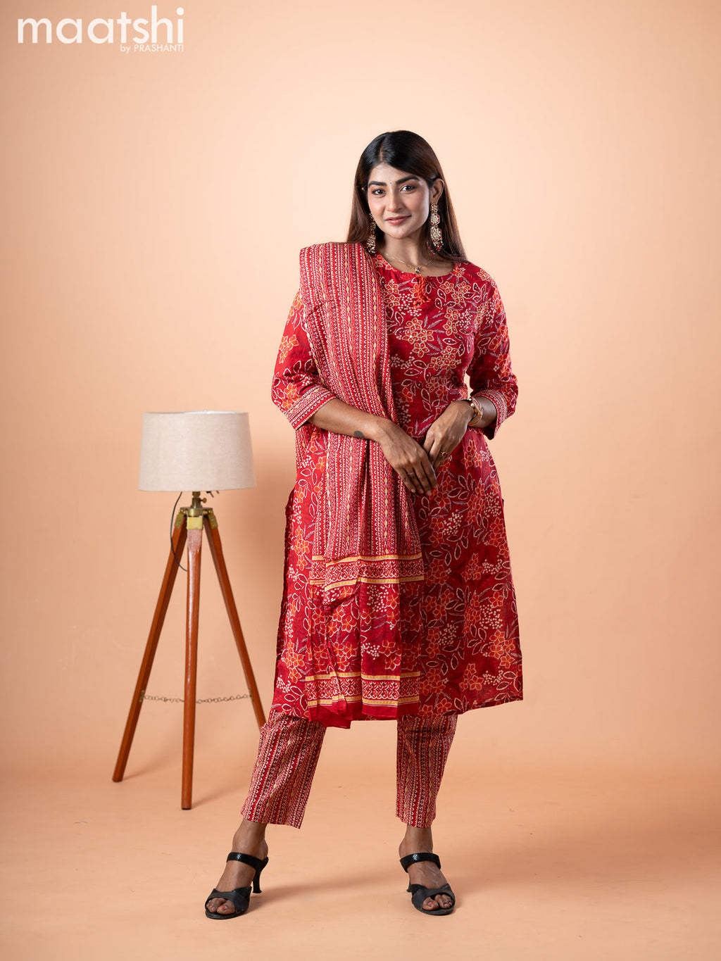 Cotton salwar suit red with allover floral prints & embroidery work neck pattern and straight cut pant & dupatta