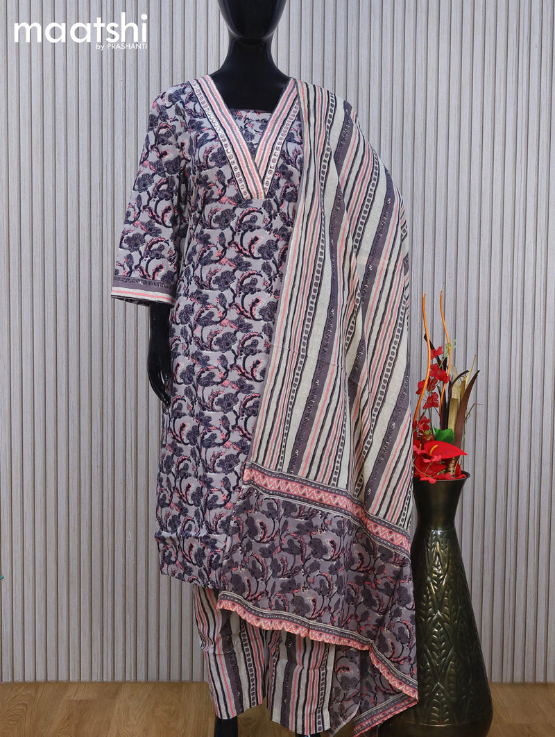 Cotton readymade salwar suit grey and cream with allover prints & v neck mirror work and stright cut pant & dupatta