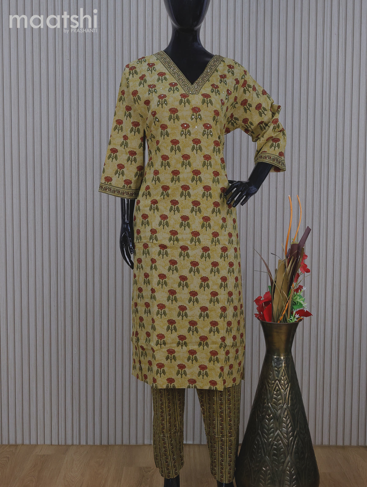 Cotton readymade salwar suit mustard shade with allover floral butta prints & v neck pattern and stright cut pant & dupatta