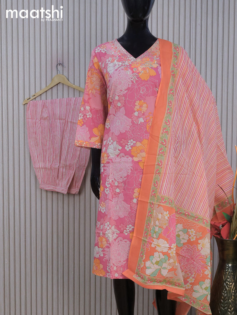 Cotton readymade salwar suit pink and orange off white with allover floral prints & sequin work neck pattern and stright cut pant & dupatta
