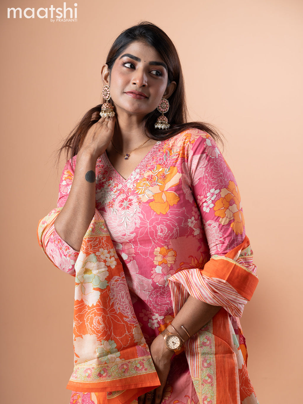 Cotton salwar suit pink and orange off white with allover floral prints & sequin work neck pattern and stright cut pant & dupatta