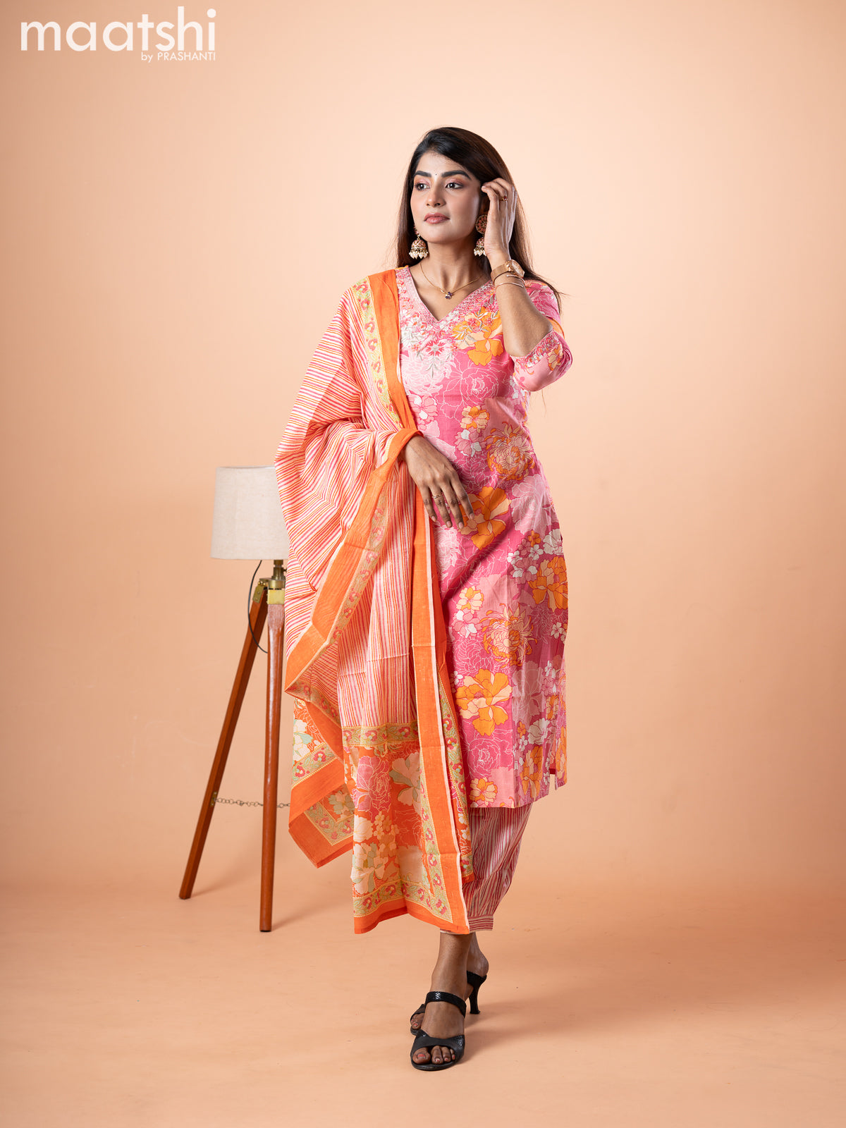 Cotton salwar suit pink and orange off white with allover floral prints & sequin work neck pattern and stright cut pant & dupatta