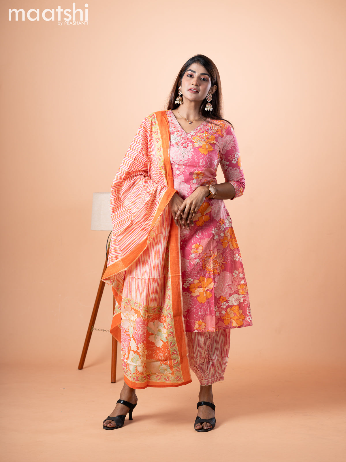 Cotton salwar suit pink and orange off white with allover floral prints & sequin work neck pattern and stright cut pant & dupatta