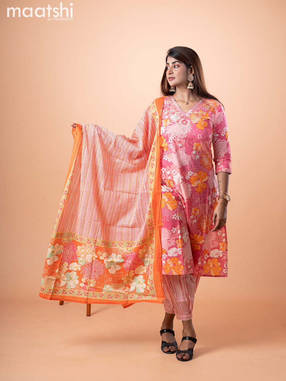 Cotton salwar suit pink and orange off white with allover floral prints & sequin work neck pattern and stright cut pant & dupatta