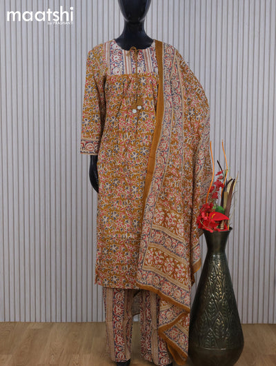 Cotton readymade salwar suit dark mustard with allover prints & embroidery work neck pattern and straight cut pant & dupatta