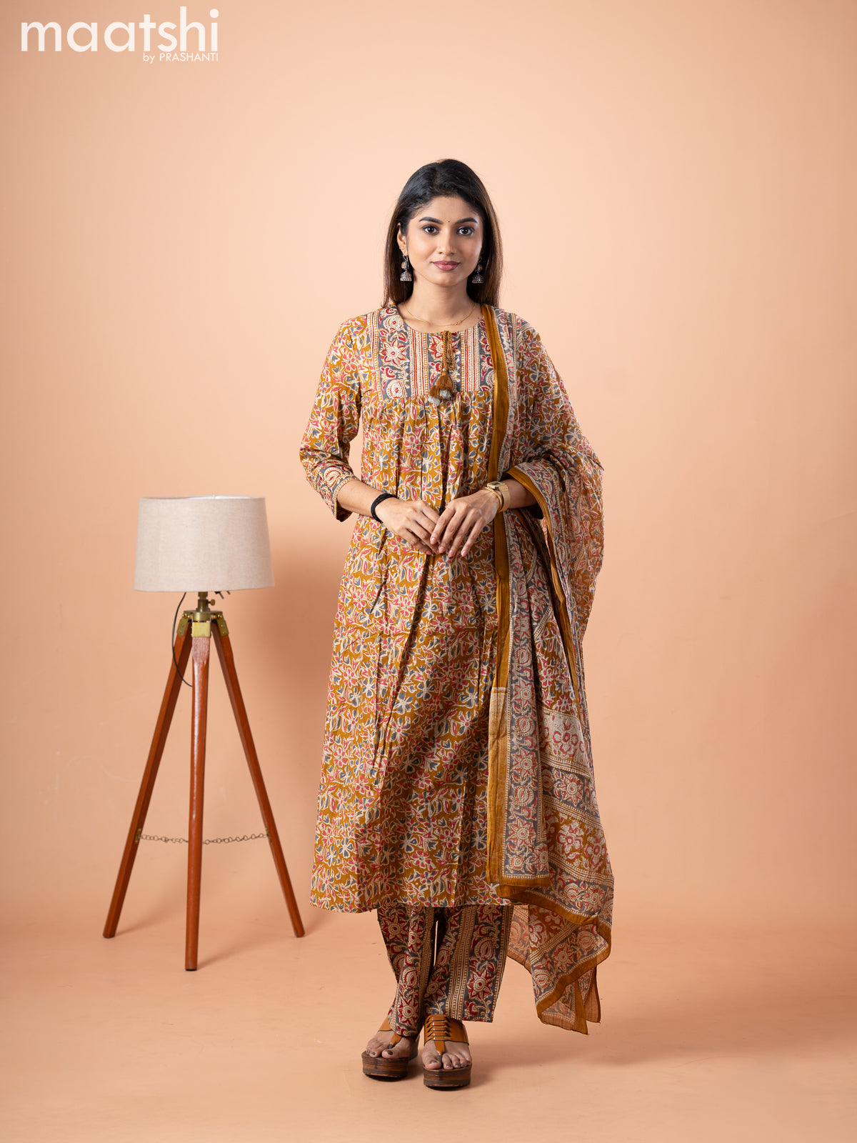 Cotton salwar suit dark mustard with allover prints & embroidery work neck pattern and straight cut pant & dupatta