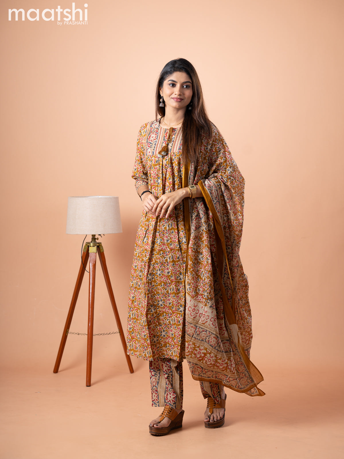 Cotton salwar suit dark mustard with allover prints & embroidery work neck pattern and straight cut pant & dupatta