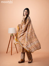 Cotton salwar suit dark mustard with allover prints & embroidery work neck pattern and straight cut pant & dupatta