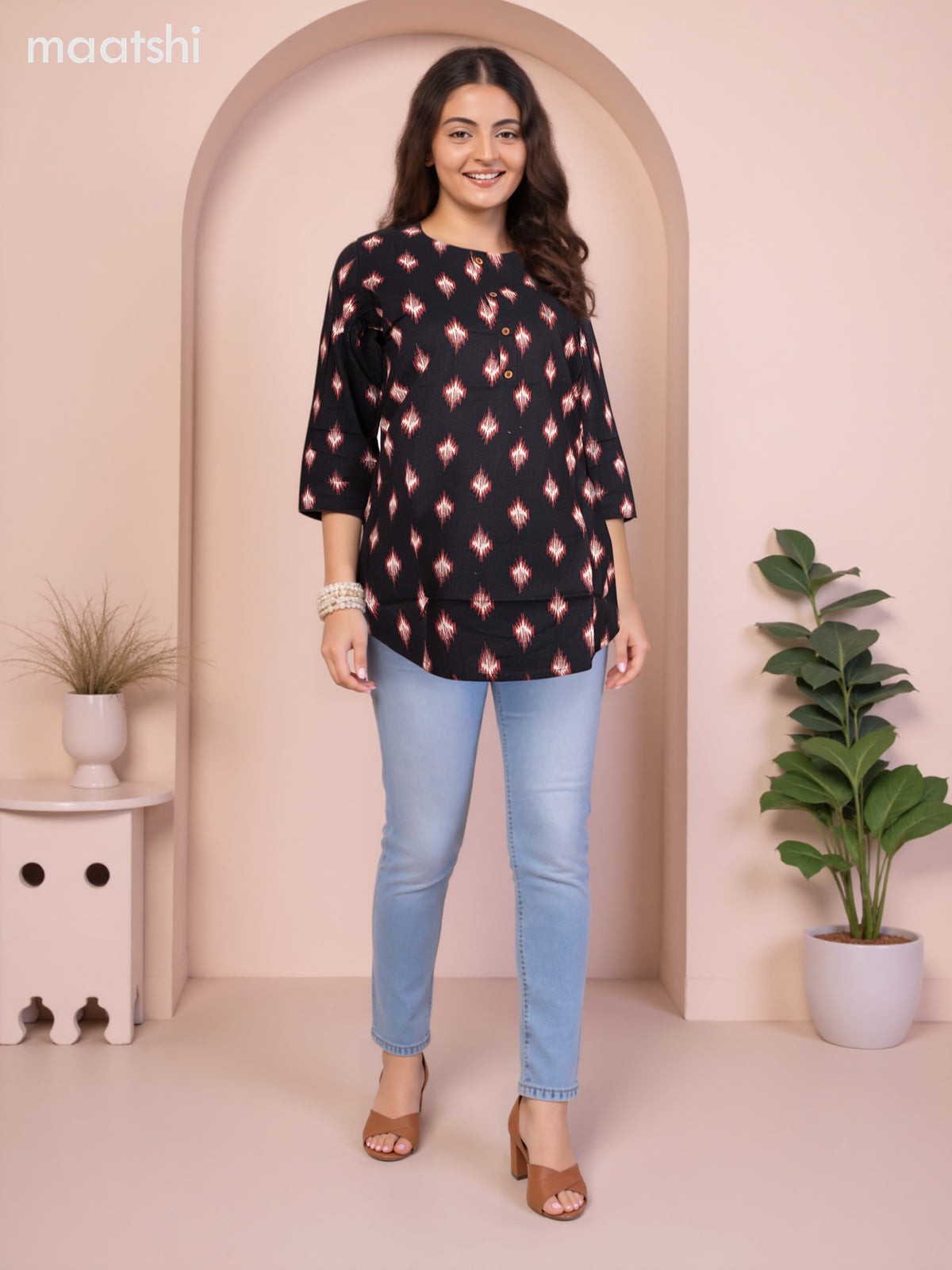 Cotton readymade short kurti black with allover ikat butta prints without pant