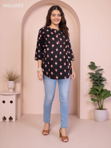 Cotton readymade short kurti black with allover ikat butta prints without pant