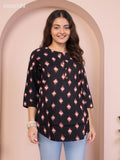 Cotton readymade short kurti black with allover ikat butta prints without pant
