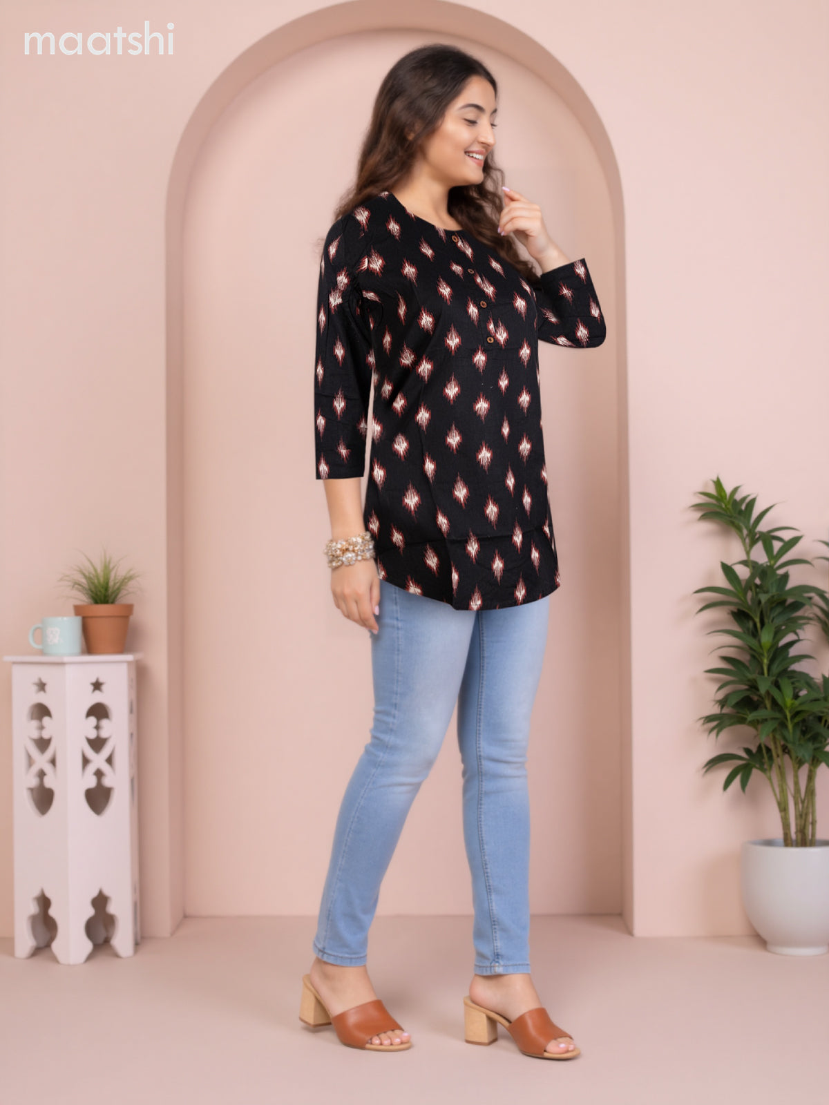 Cotton readymade short kurti black with allover ikat butta prints without pant