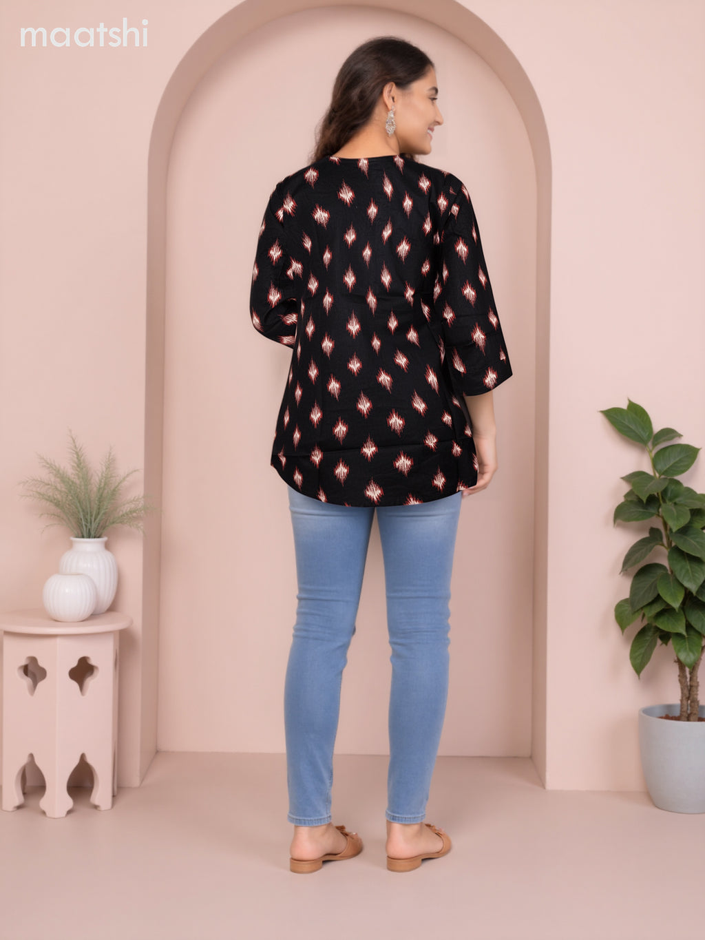 Cotton readymade short kurti black with allover ikat butta prints without pant