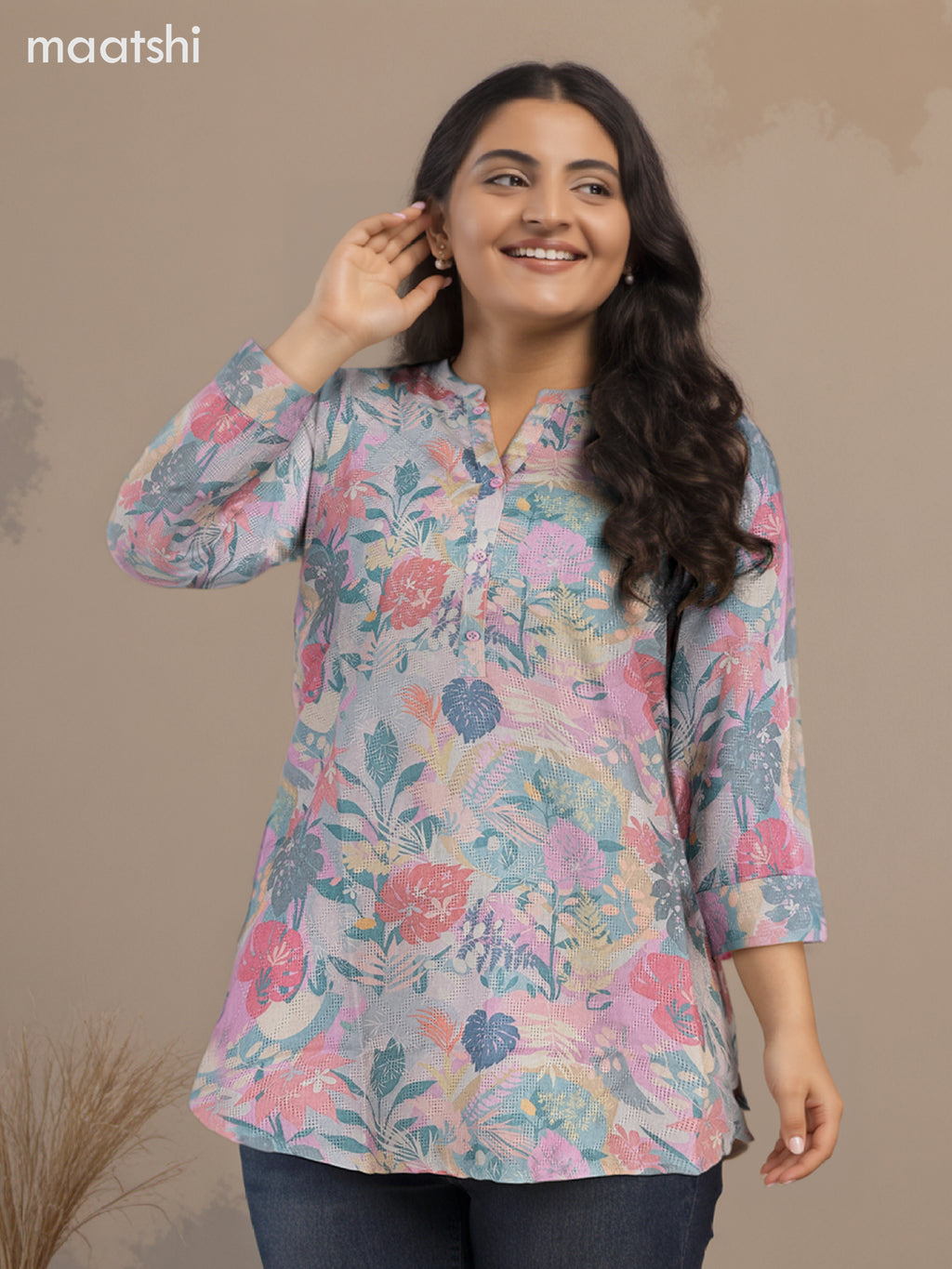 Cotton readymade short kurti grey with allover prints without pant