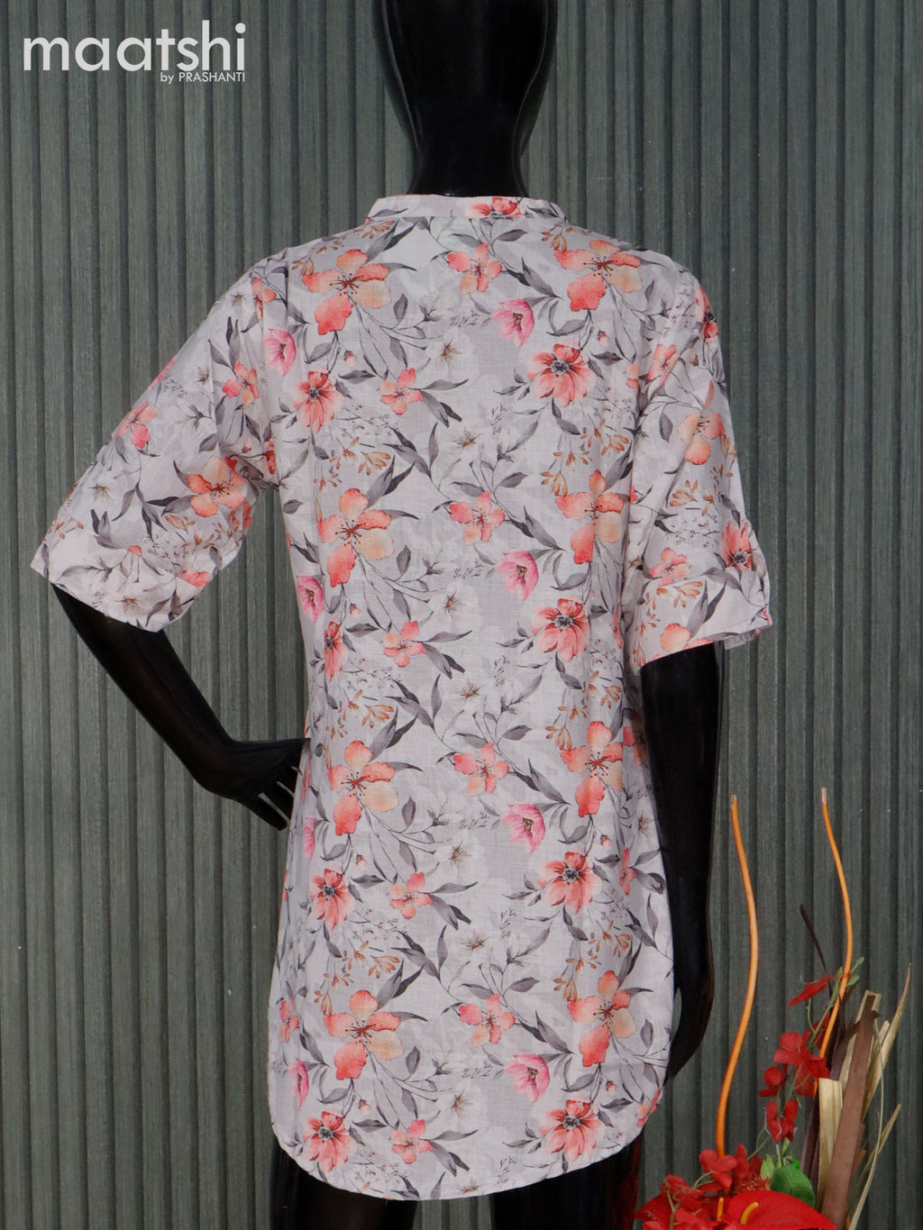Cotton readymade short kurti grey shade with allover floral prints without pant