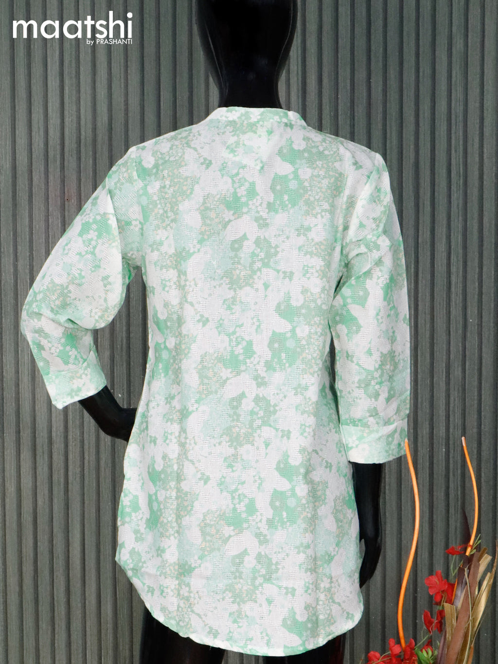 Cotton readymade short kurti teal green shade and off white with allover floral prints without pant