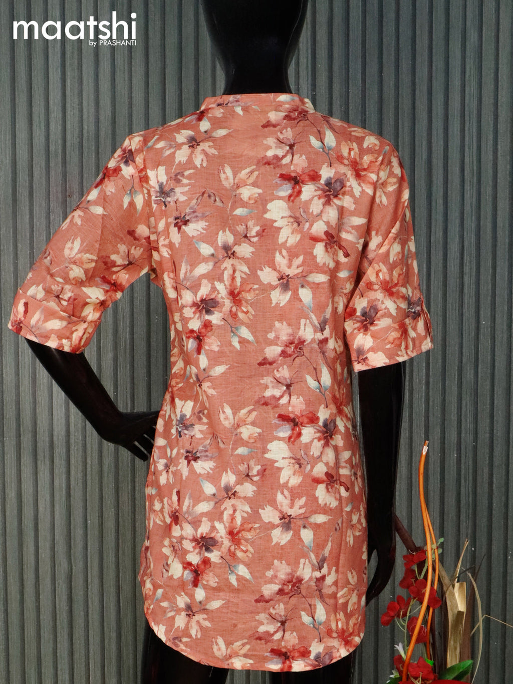 Cotton readymade short kurti peach shade with allover floral prints without pant