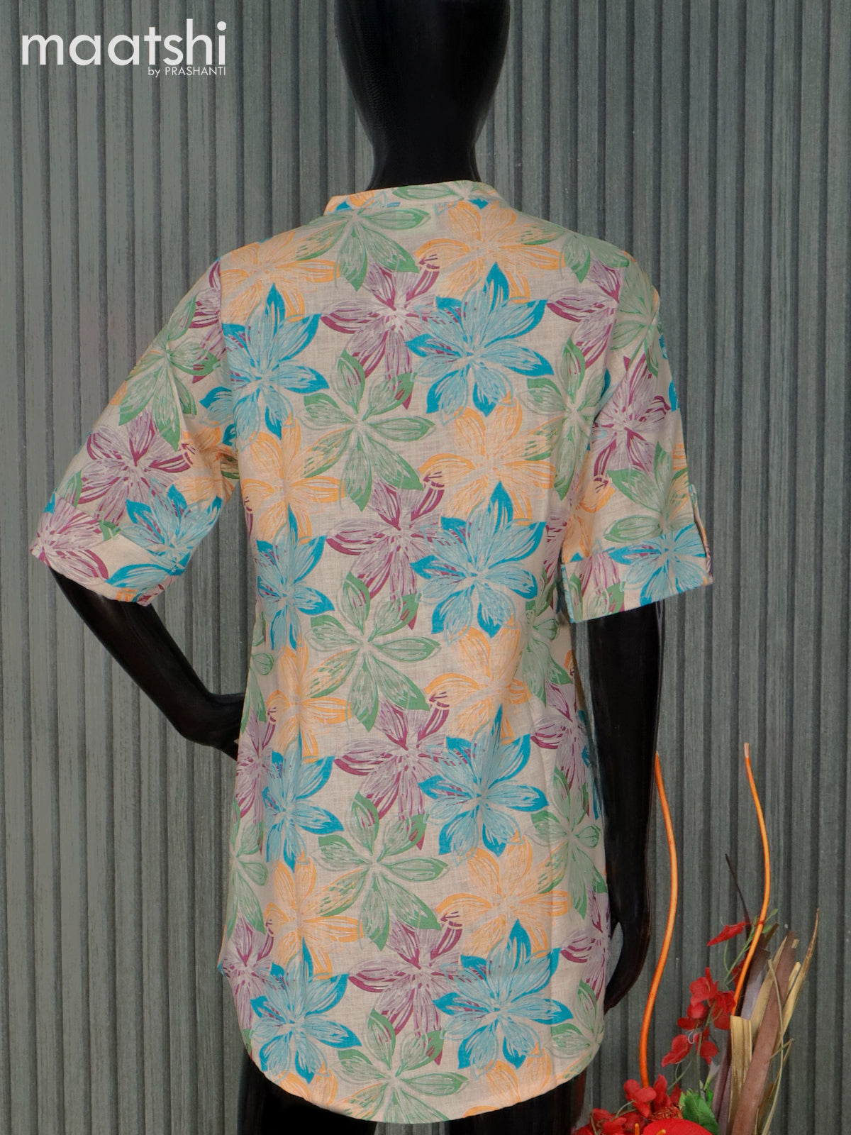 Rayon readymade short kurti beige with allover floral prints without pant