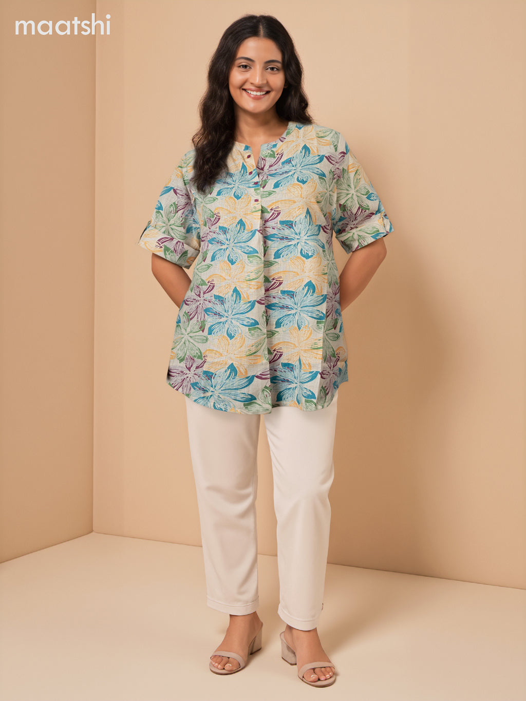 Rayon readymade short kurti beige with allover floral prints without pant