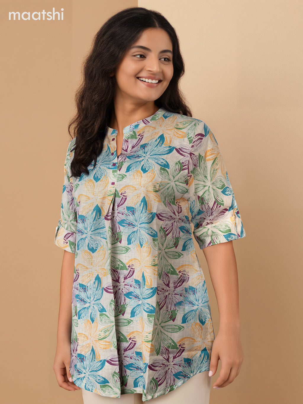 Rayon readymade short kurti beige with allover floral prints without pant
