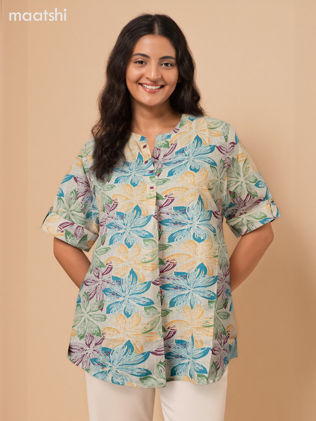 Rayon readymade short kurti beige with allover floral prints without pant
