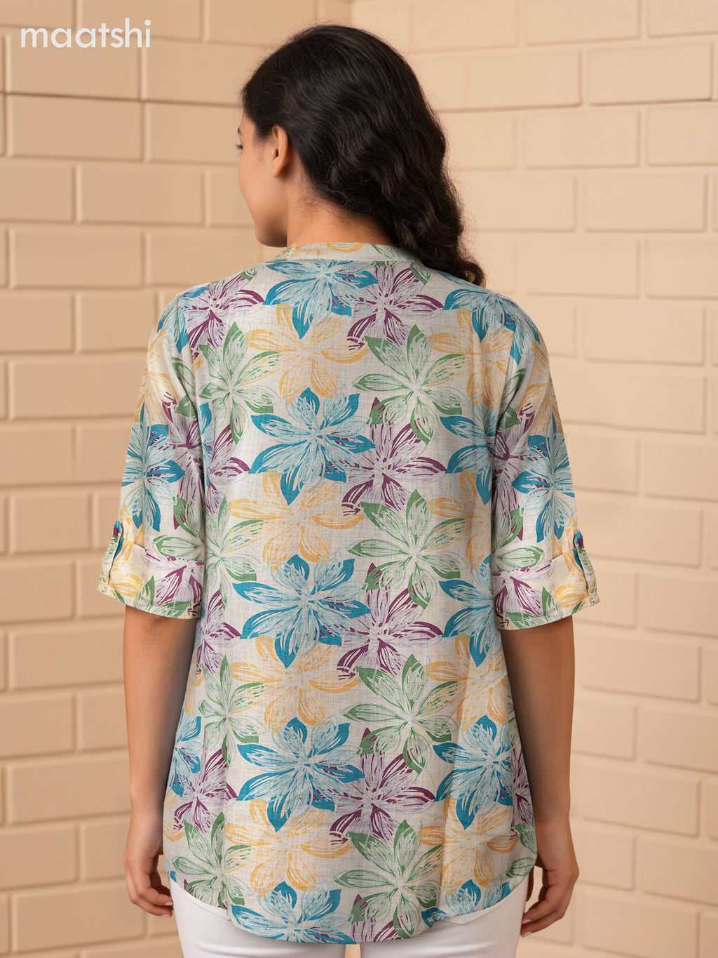 Rayon readymade short kurti beige with allover floral prints without pant